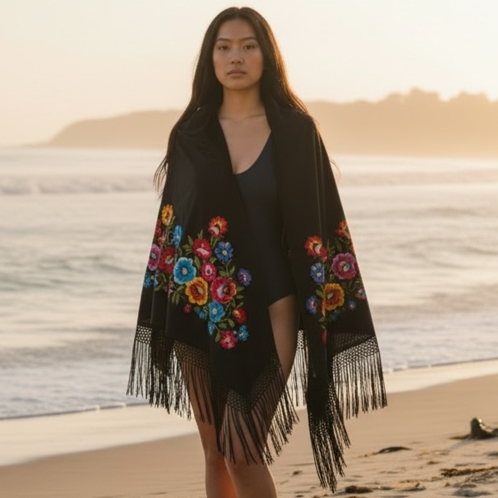 Floral Sarong Embroidered Black Triangle Shawl Coverup Fringe Hem